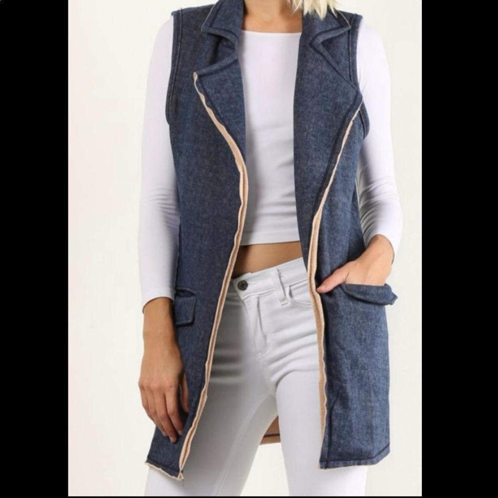 Hem & Thread Faux Sherling Trim Blue Sweater Vest